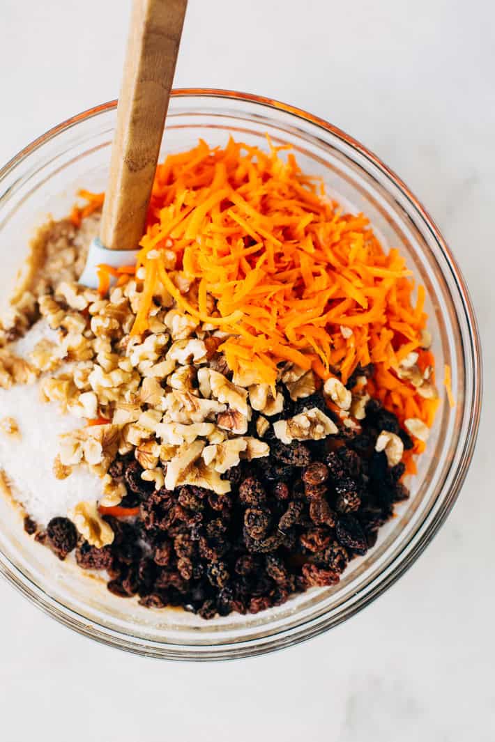carrot muffin mixture in glass bowl
