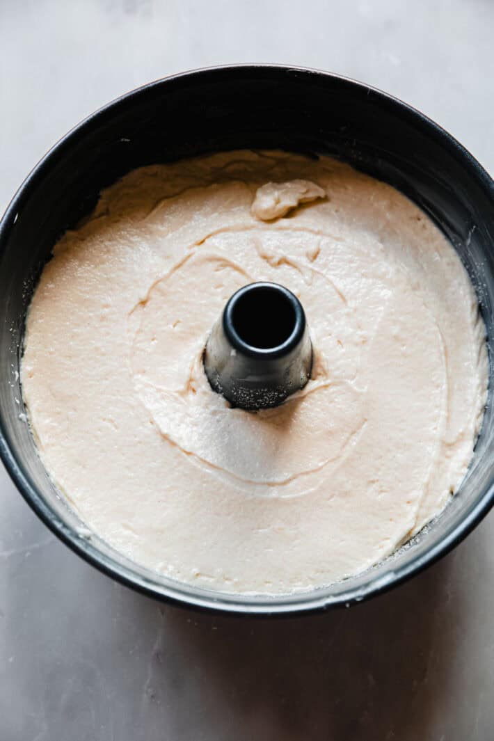 cake batter in pan before baking
