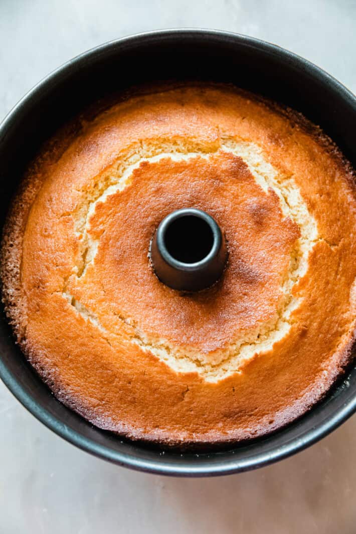 Louisiana crunch cake in pan before glazing