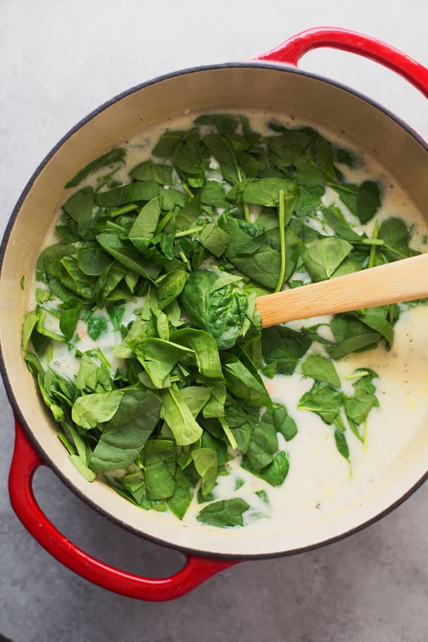 soup pot after adding spinach