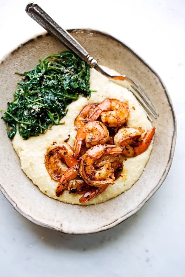 Cajun Shrimp and Grits with Garlic Kale