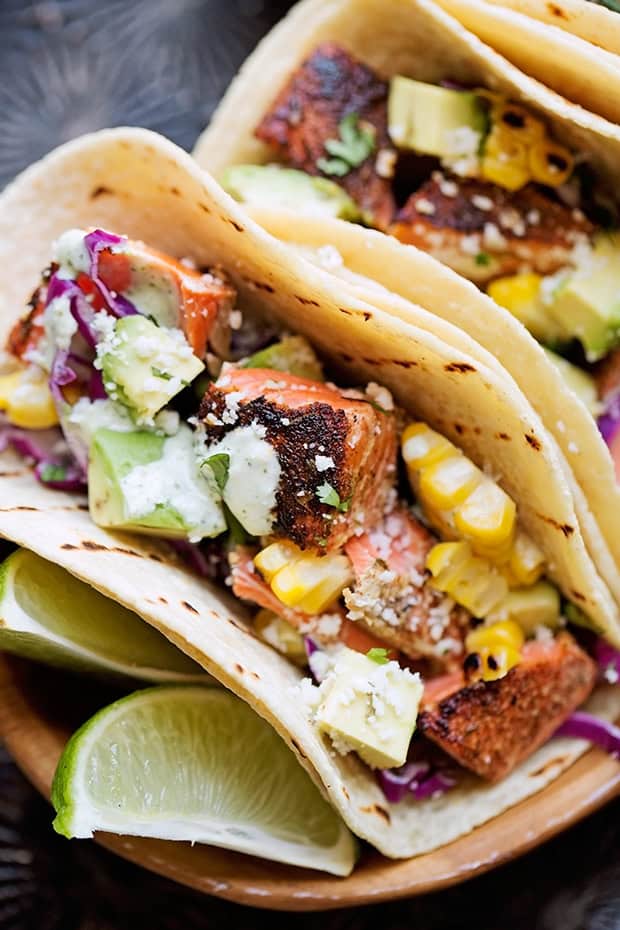 Blackened Salmon Tacos with Jalapeño Lime Crema
