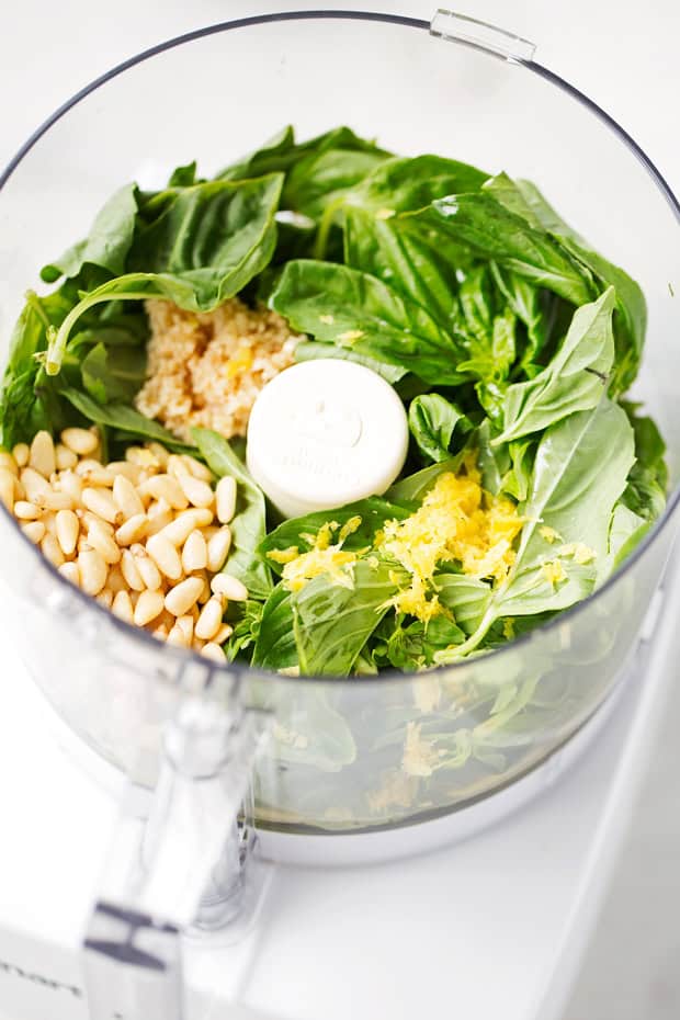 basil pesto ingredients in food processor