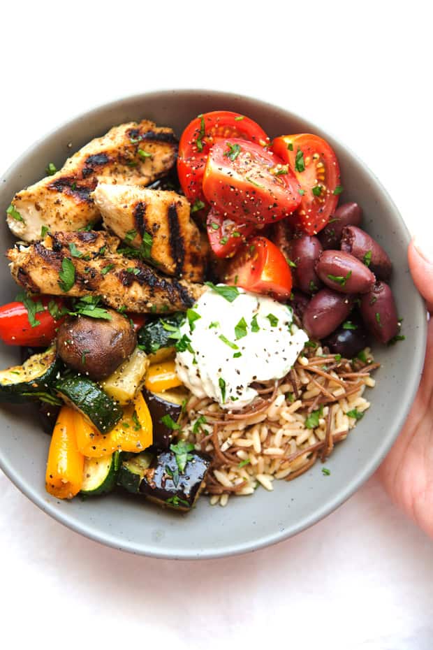 Greek Chicken Souvlaki Bowls with Roasted Veggies Recipe