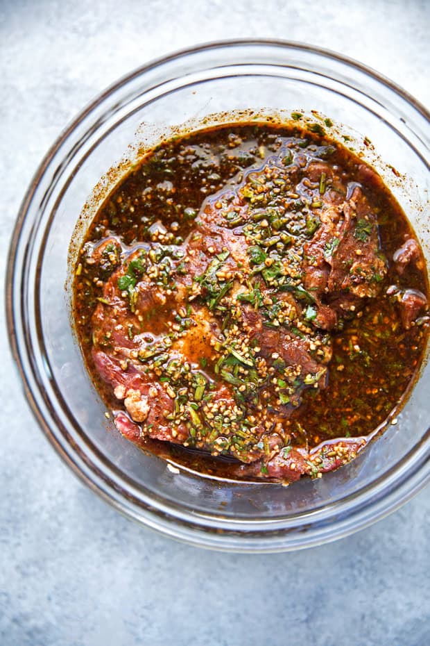 marinated steak in bowl