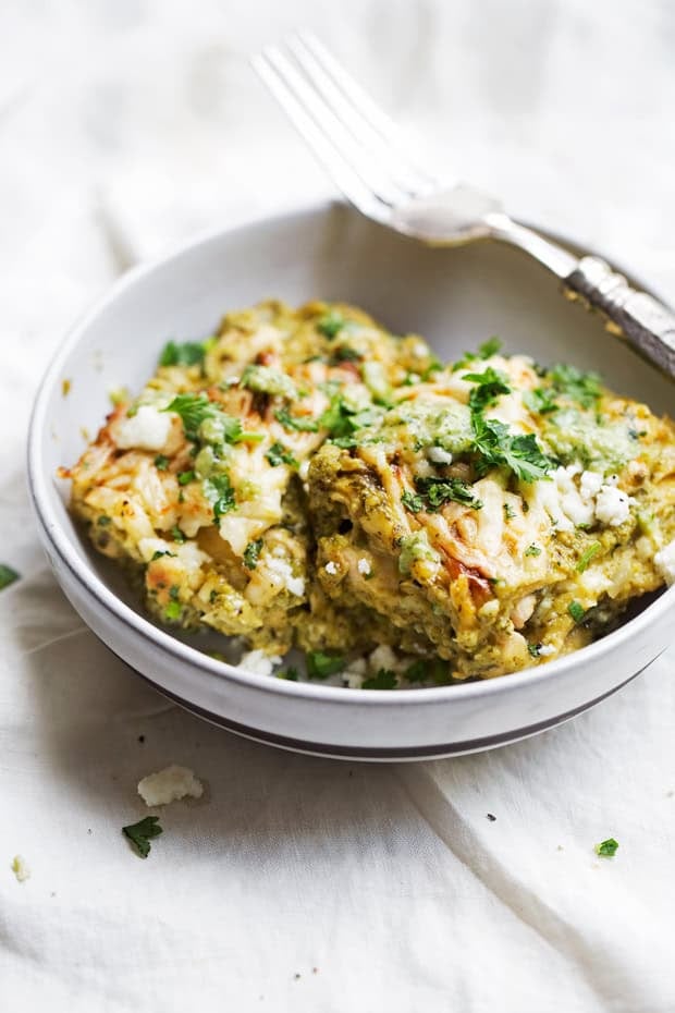Roasted Tomatillo Chicken Enchilada Pie