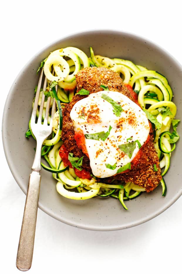 Walnut Crusted Healthy Chicken Parmesan with Zoodles Recipe