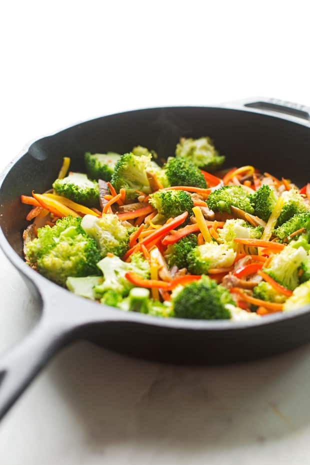 sautéed veggies in cast iron skillet