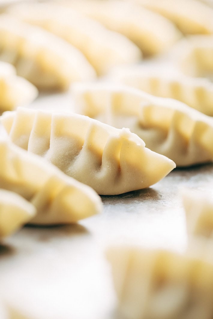 shaped pan fried dumplings before frying on sheet pan
