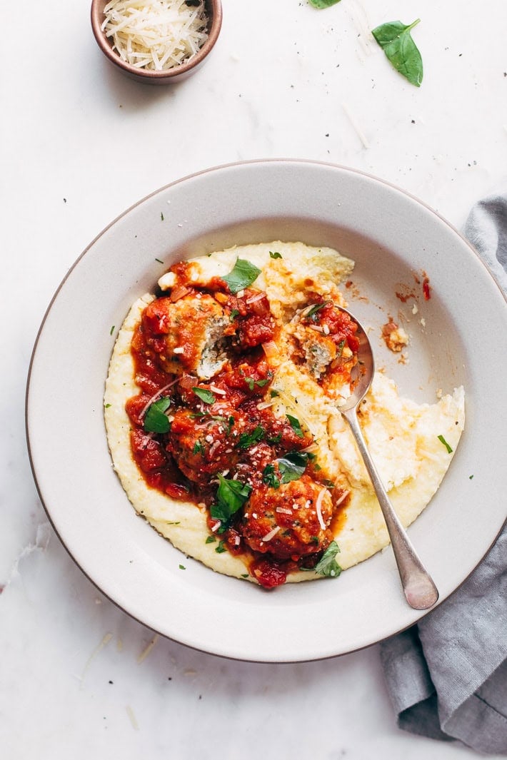 Date Night Chicken Parmesan Meatballs with Creamy Polenta