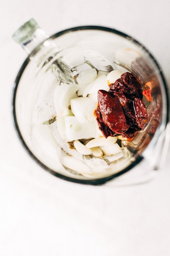 peppers, onions and garlic in blender