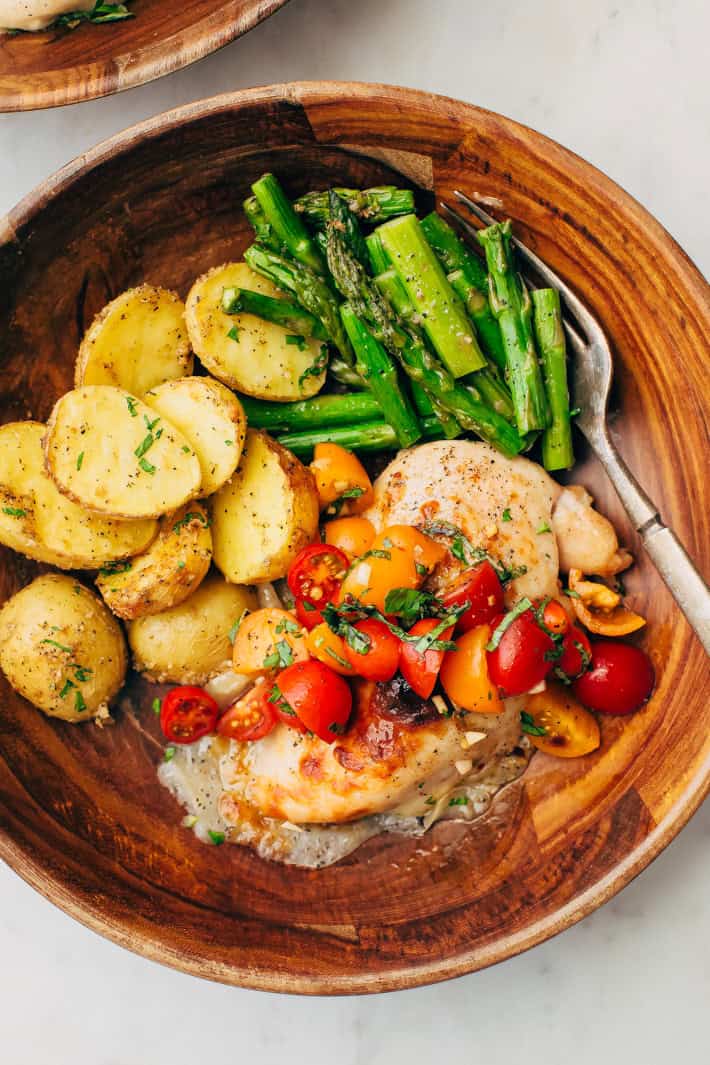 Sheet Pan Bruschetta Chicken Dinner with Potatoes and Asparagus