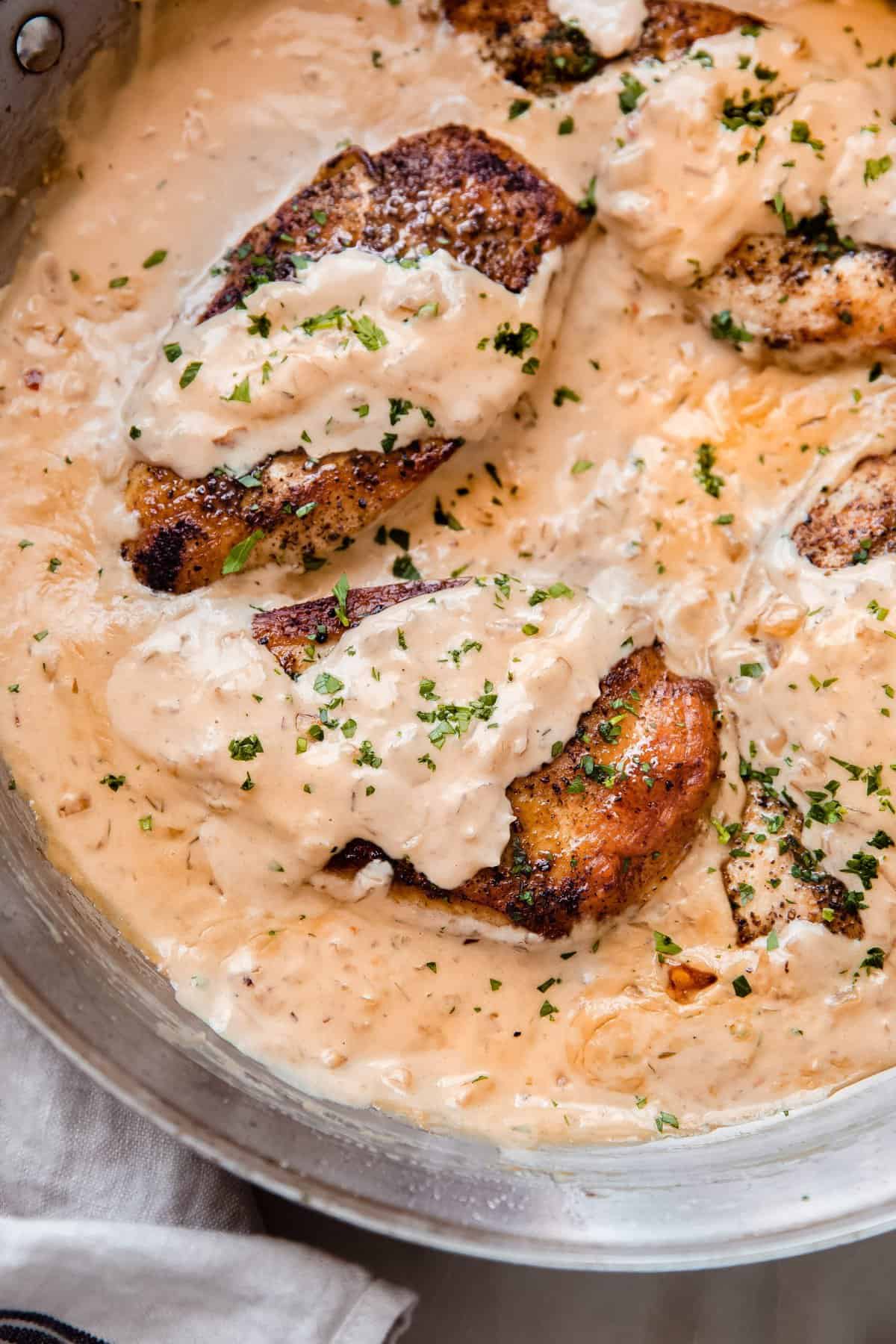 Skillet Chicken in Balsamic Caramelized Onion Cream Sauce