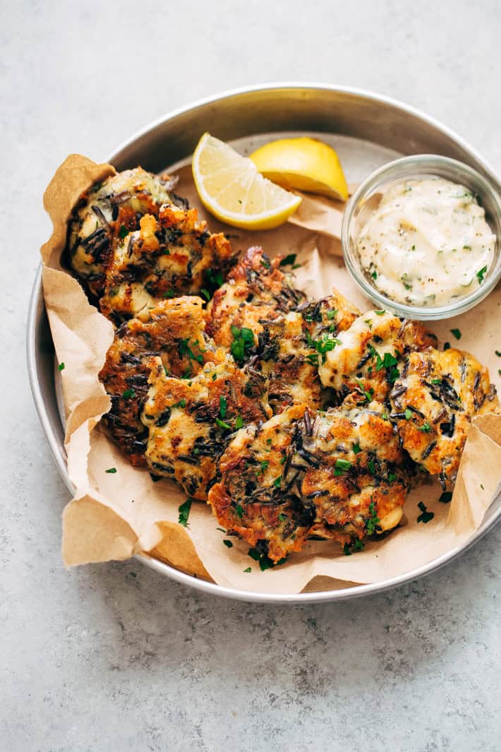 Cheesy Wild Rice Chicken Fritters with Garlic Herb Sauce
