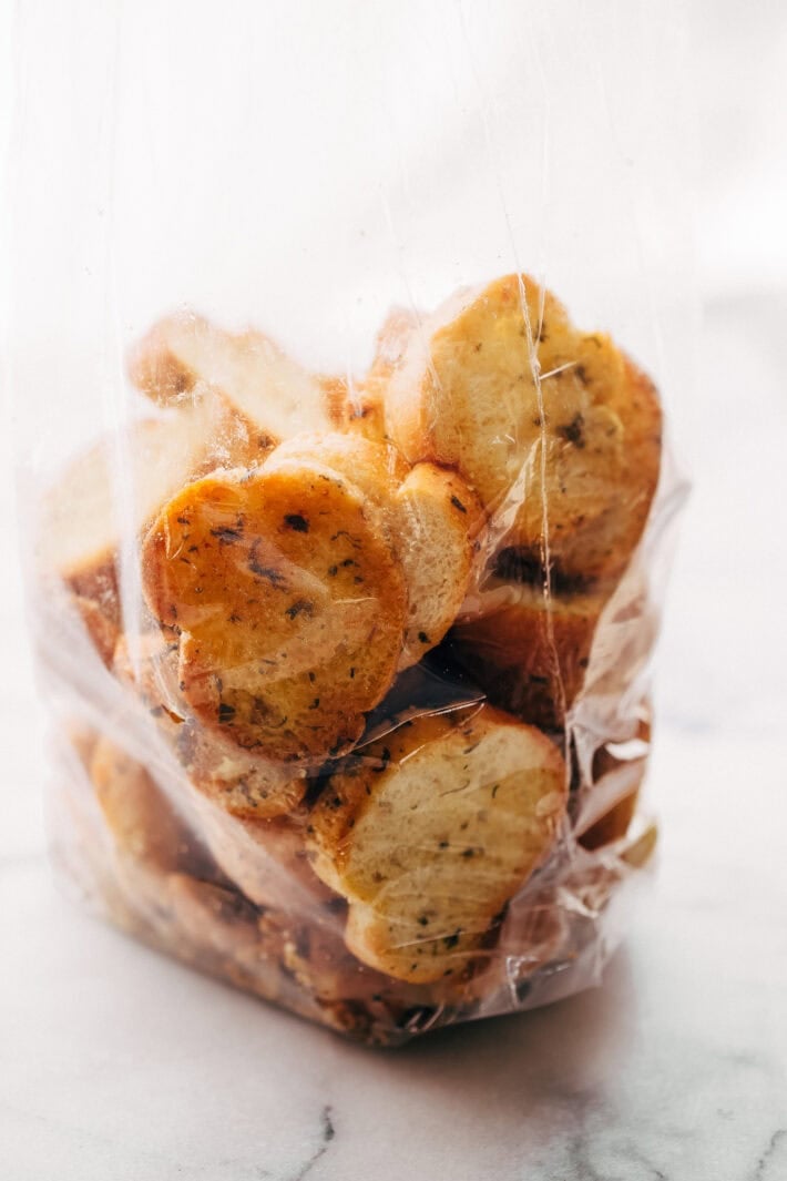 garlic herb croutons in bag