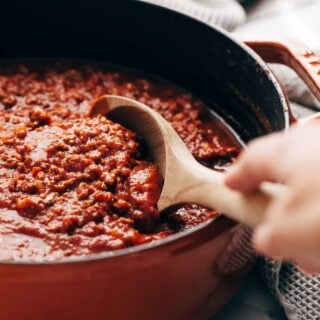meat sauce in a dutch oven