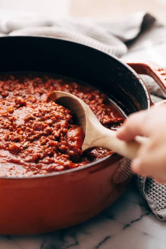 meat sauce in a dutch oven