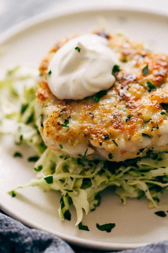 shrimp burger over Jalapeno Lime Slaw