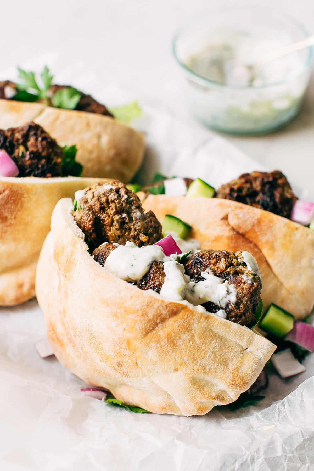 Kofta Pita Sandwich with Garlic Tahini Sauce
