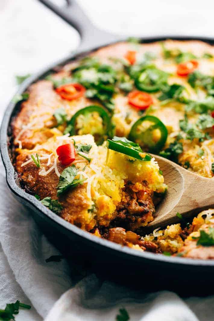 Skillet Chili with Jalapeño Cheddar Cornbread Crust