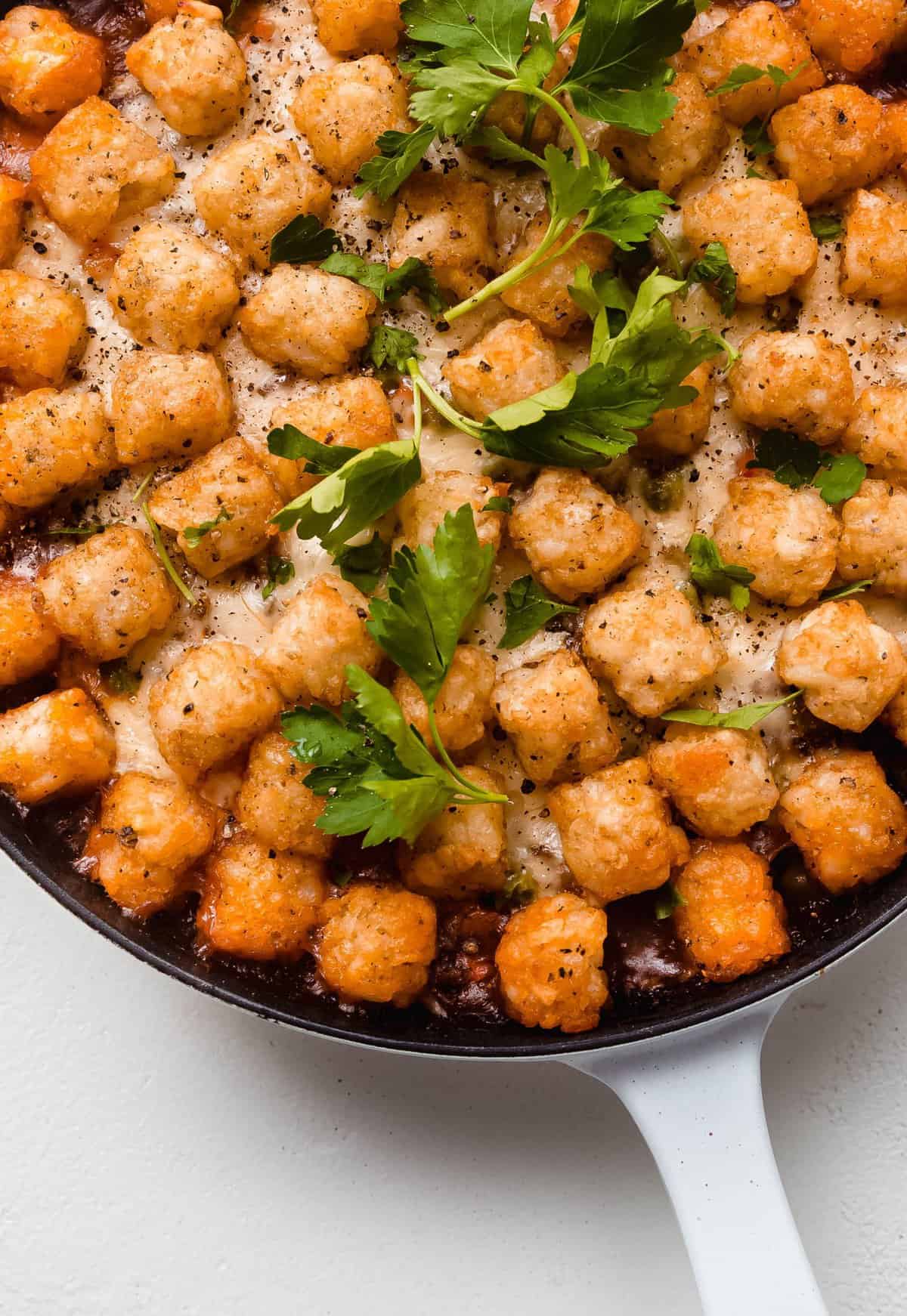 One Pan Weeknight Cottage Pie with Potato Puffs