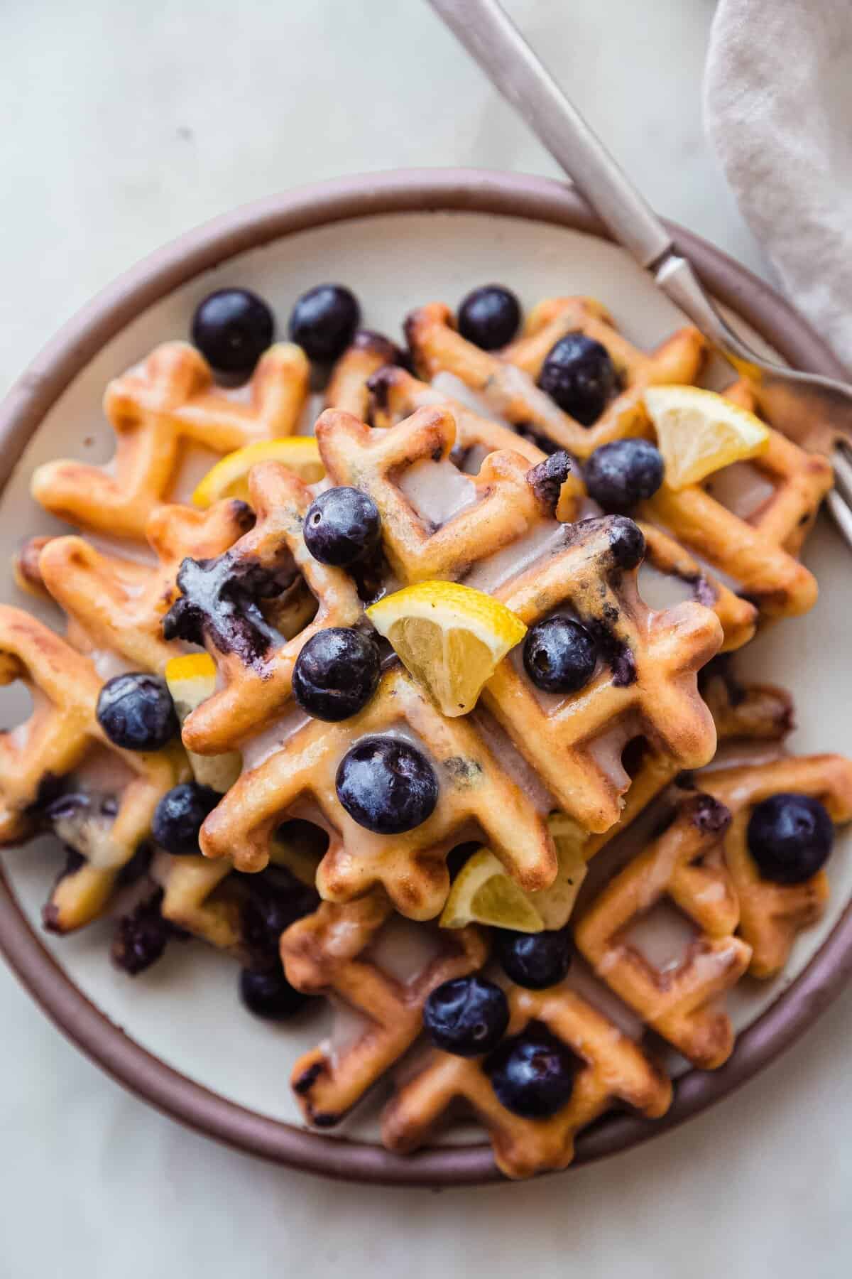 Lemon Blueberry Waffles with Easy Maple Glaze
