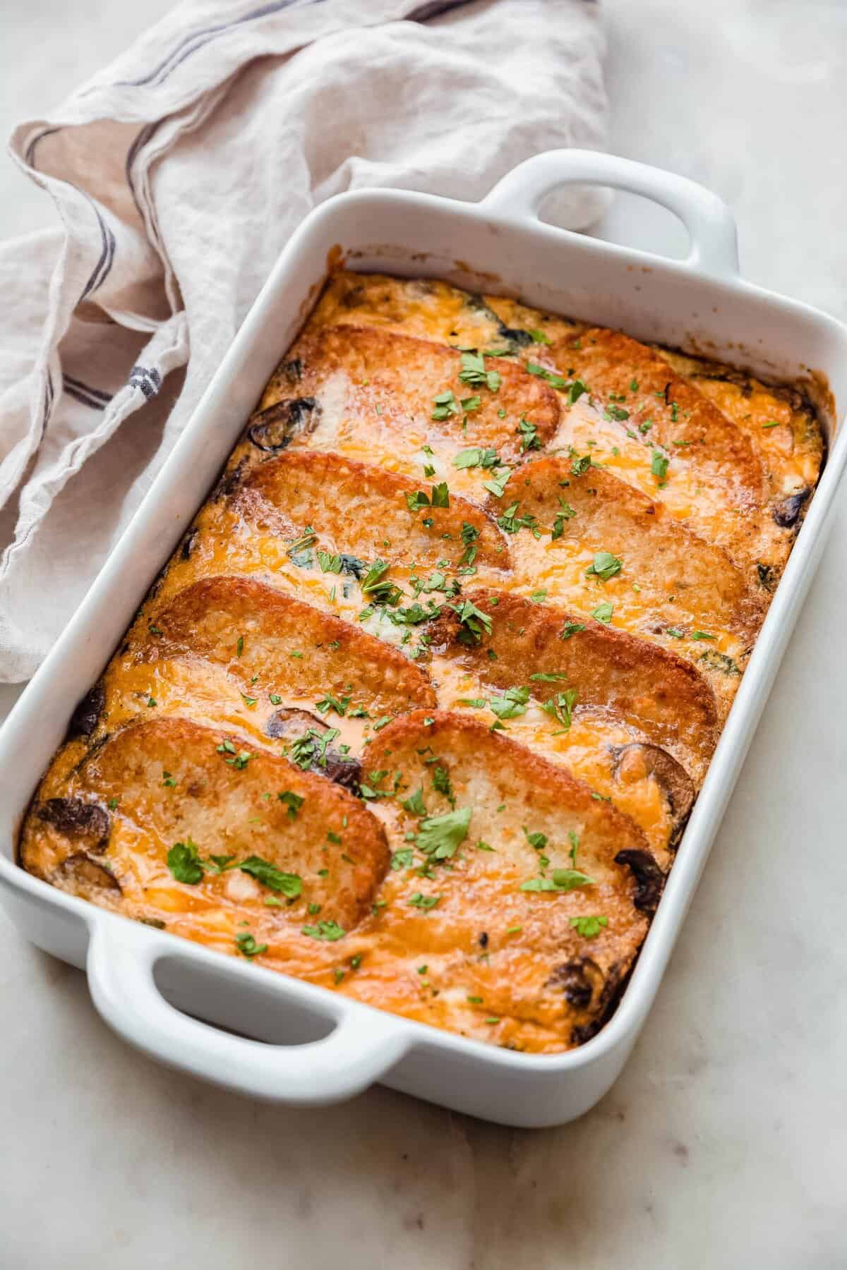 Sautéed Spinach Mushroom Cheddar Hash Brown Casserole
