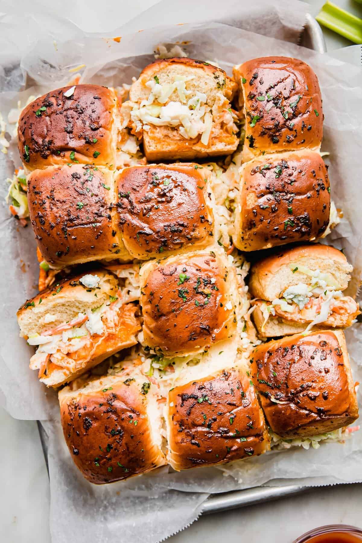 Buffalo Chicken Sliders with Ranch Blue Cheese Slaw