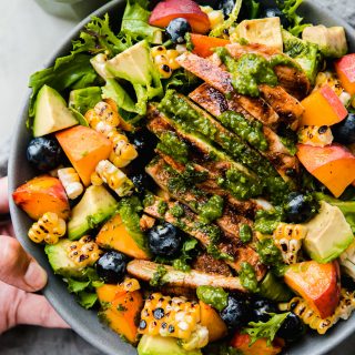 summer chicken cobb salad on grey napkin