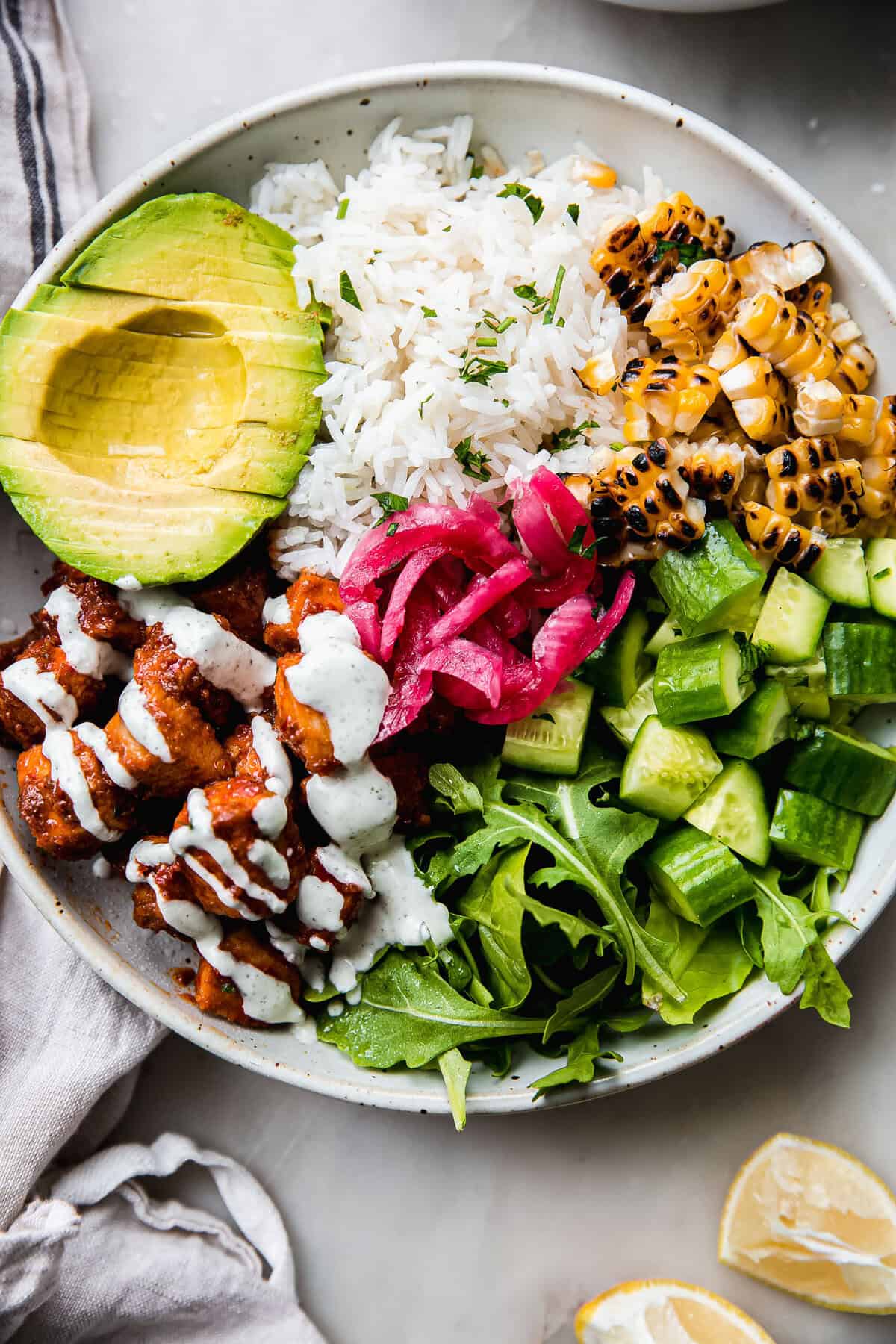 Honey Harissa Chicken Bowls with Feta Mint Sauce - Little Spice Jar