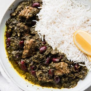 ghormeh sabzi on plate with lemon and basmati rice