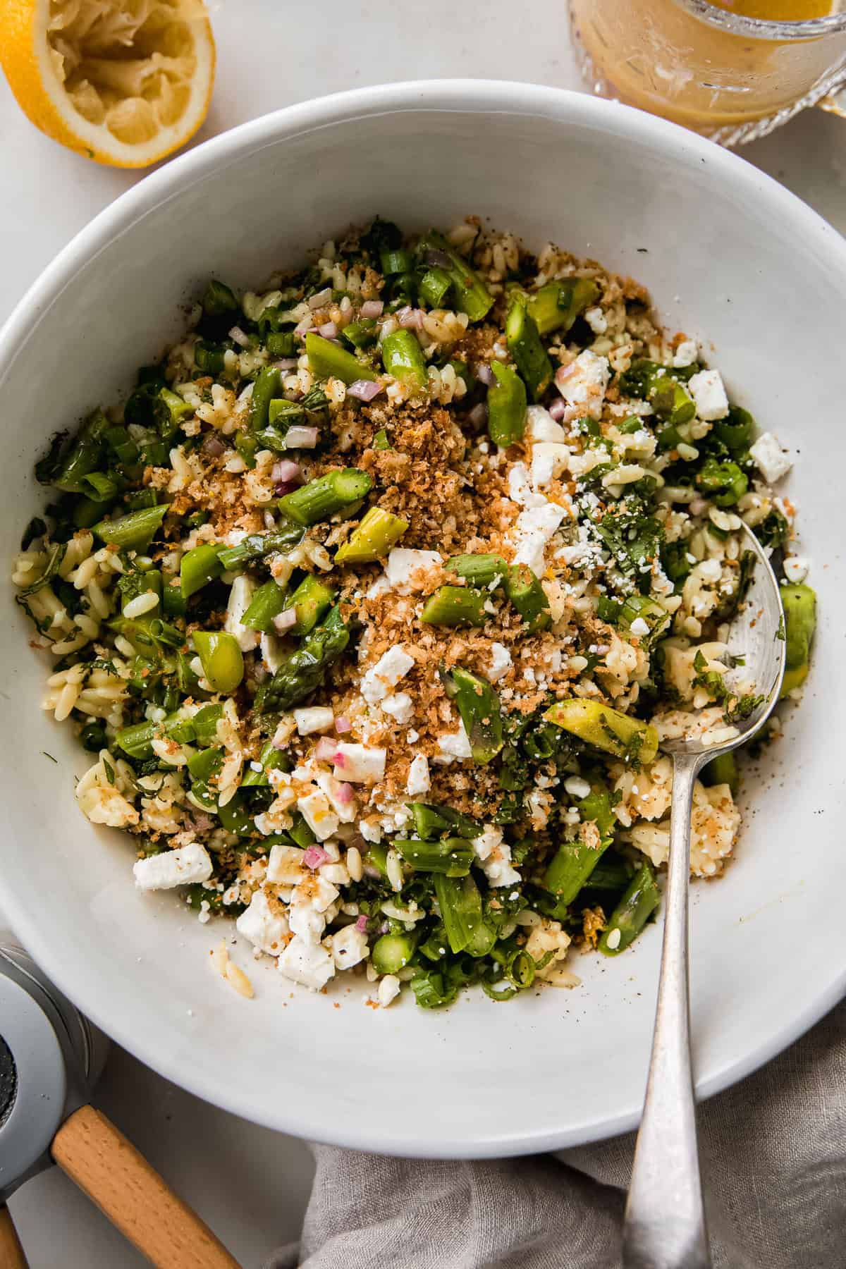 Crunchy Asparagus Orzo Salad with lemon Shallot Dressing