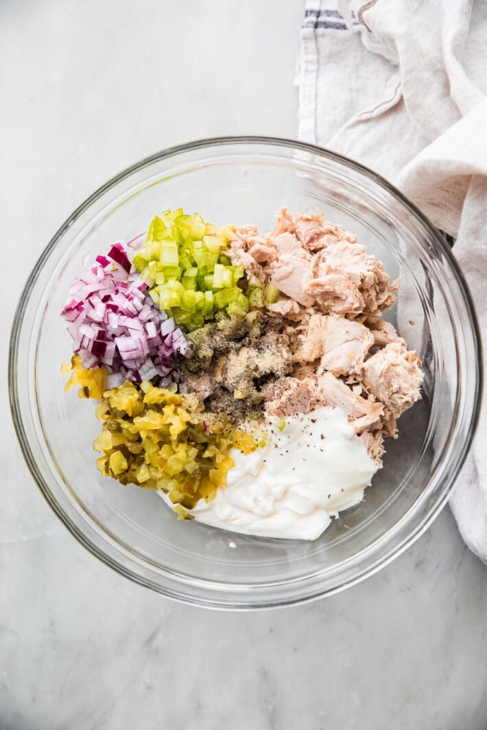 tuna salad ingredients in bowl