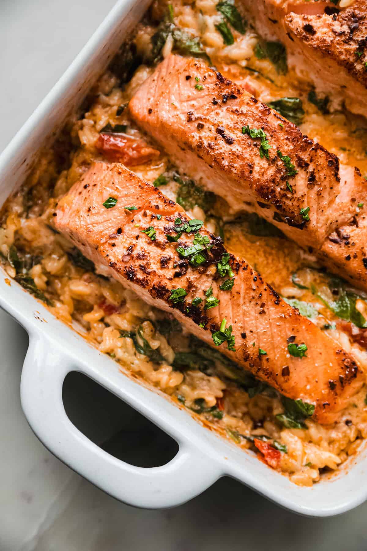 Sun-dried Tomato Baked Salmon Orzo Recipe