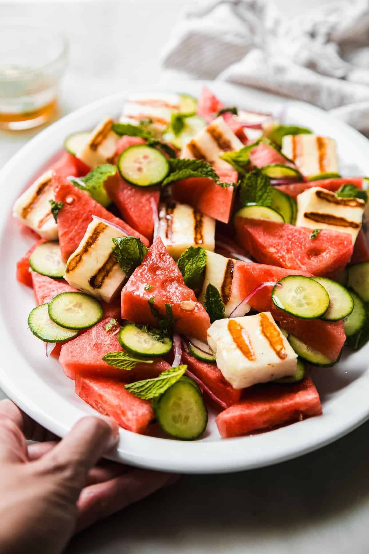 Grilled halloumi with watermelon mint salsa for impressive vegetarian BBQ side or starter