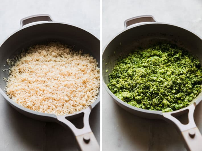 parboiled rice fried in skillet then with greens added