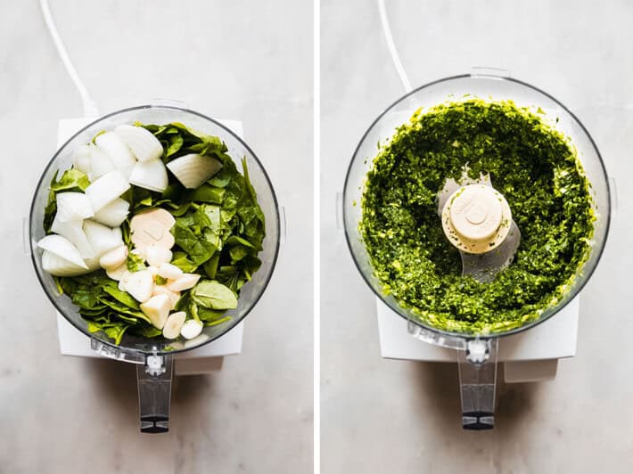 baby spinach, cilantro, onions, and garlic in food processor before and after pulsing