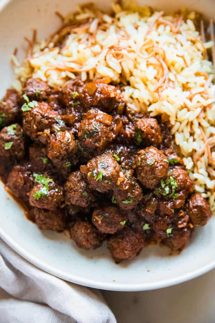 stew in bowl with vermicelli rice pilaf