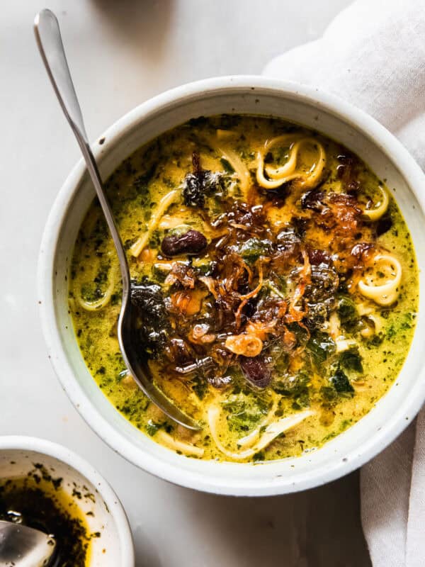 ashe reshteh in bowl with caramelized onions on top