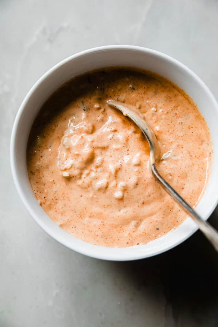 homemade Mac sauce in bowl with spoon