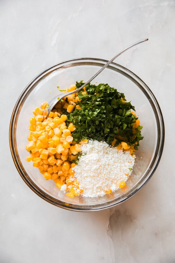 ingredients for sweet corn salad in bowl