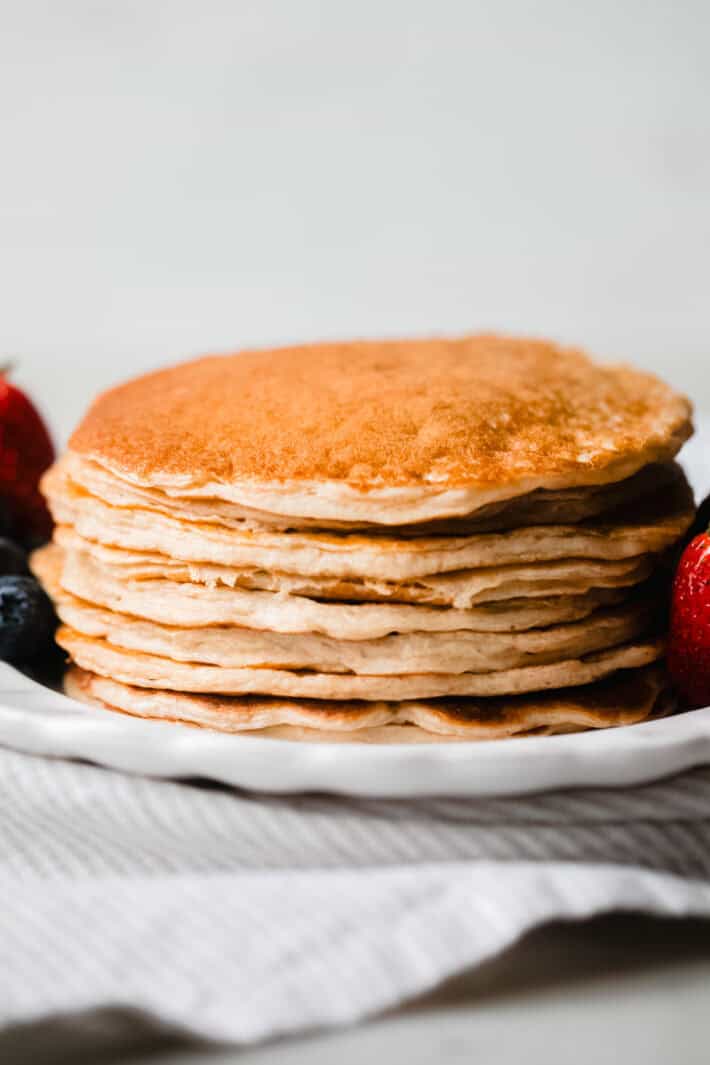 stack of high protein pancakes on plate