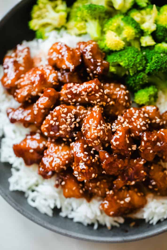 steamed broccoli, jasmine rice with honey sesame chicken