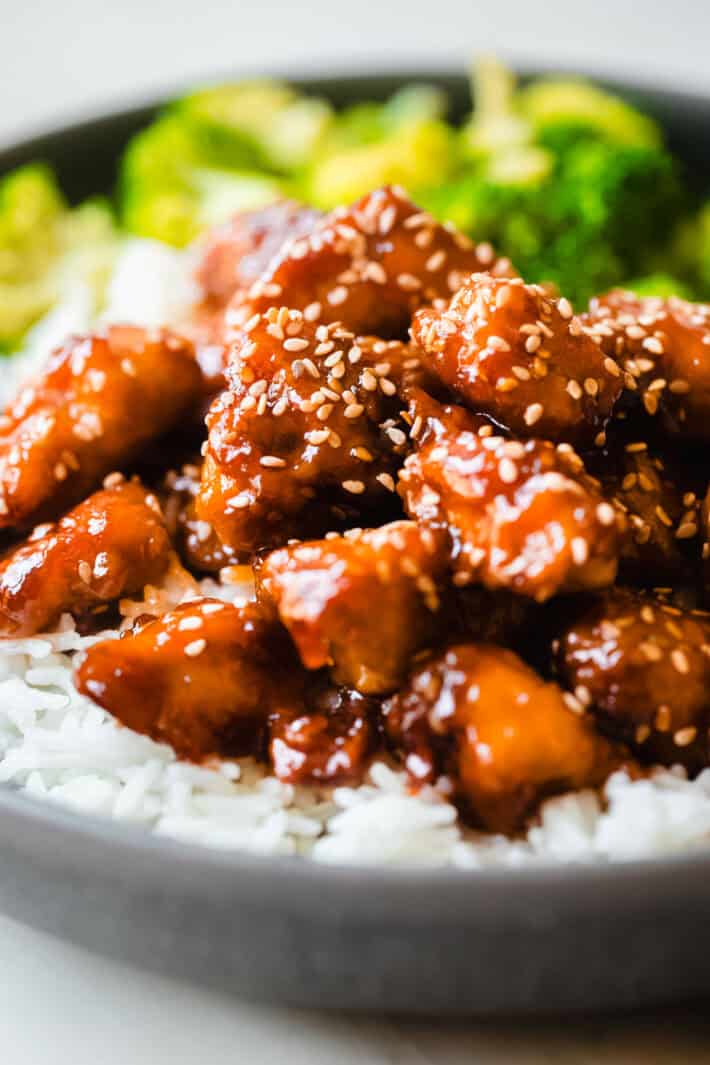 honey sesame chicken topped with sesame seeds