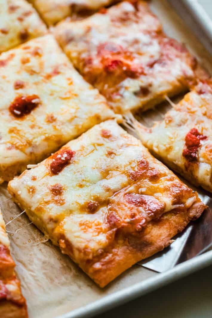 cottage cheese pizza slice on sheet pan