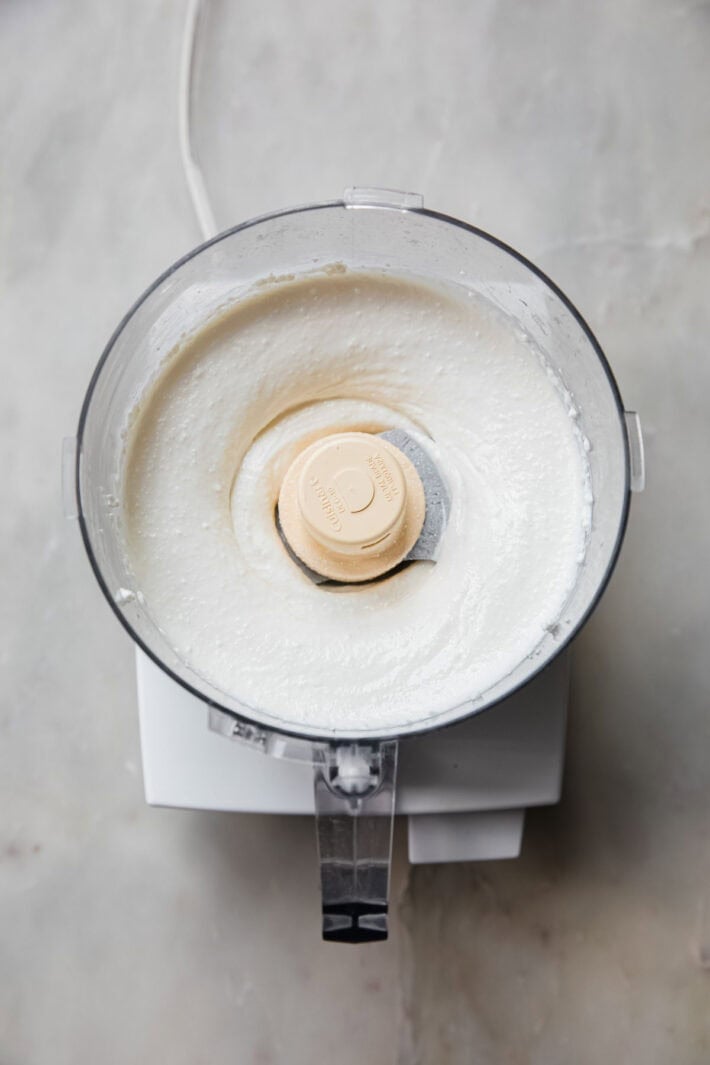cottage cheese in food processor bowl after blending