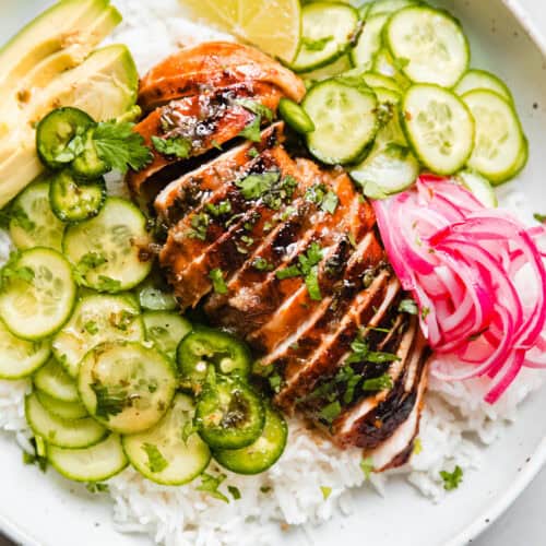 honey lime chicken over coconut rice with pickled onions, cucumbers, and avocado