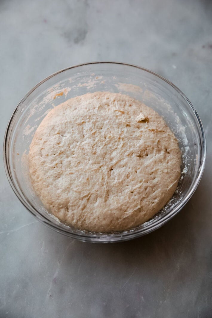 risen sourdough English muffin dough