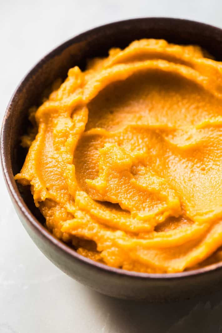 pureed pumpkin in bowl from scratch