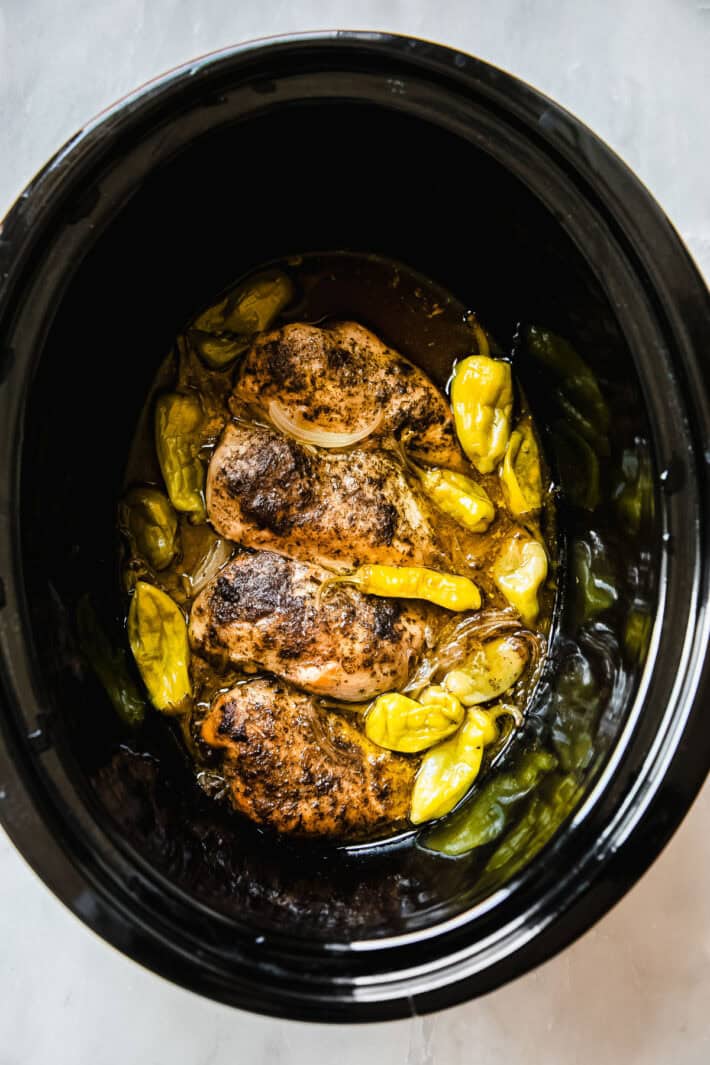 Mississippi Chicken in crock pot after cooking